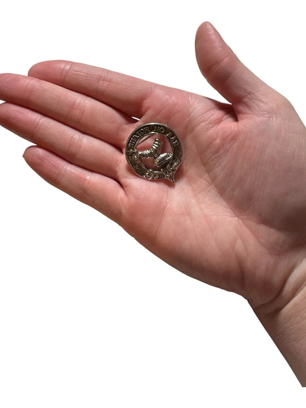 Silver Tone Clan Badge Brooch with Gauntlet Arms
